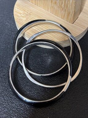 Chico’s Enamel Geometric Set of Three Black and Silver Bangle Bracelets